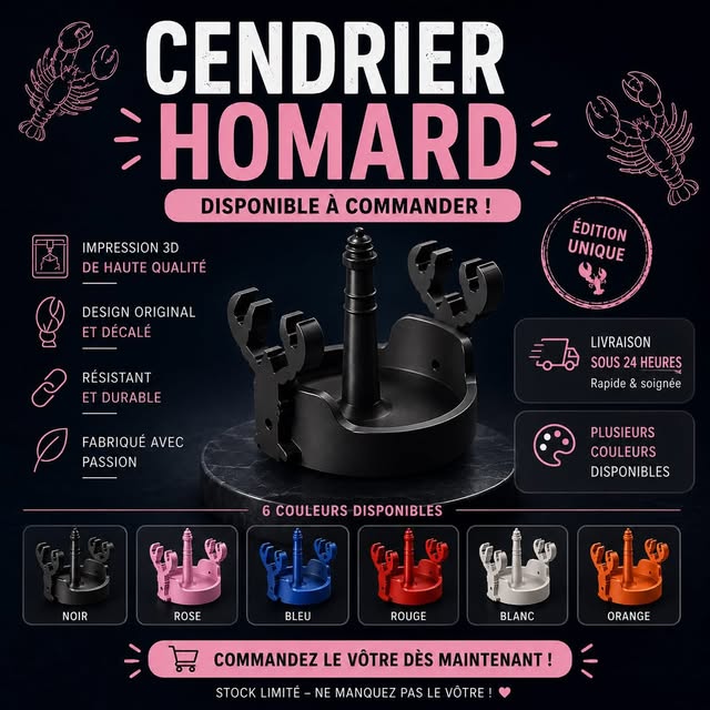 Cendrier Homard imprimé en 3D, décliné en six couleurs